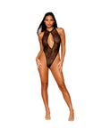 Dreamgirl Stretch Lace Halter Teddy with Keyhole Neckline and Open Rhinestone Fringe Back Black M