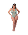 Magic Silk Soft Petals Cut Out Teddy with Snap Crotch Aqua Queen Size