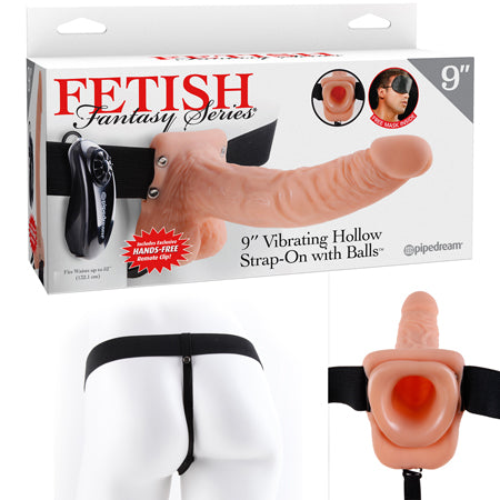 Fetish Fantasy Series 9 in. Vibrating Hollow Strap-On with Balls Beige/Black