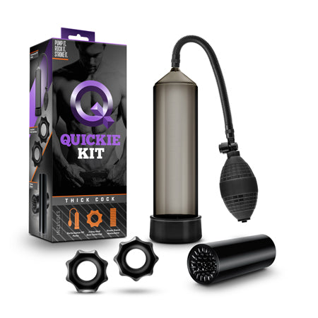 "Quickie Kit Thick Cock Pump, Stroker & 2-Piece Cockring Set Black"
