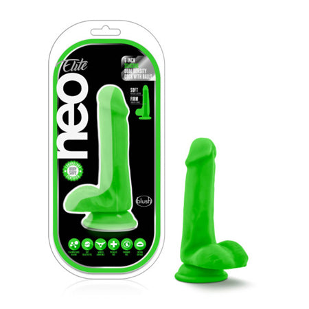 Neo Elite 6 in. Silicone Dual Density Dildo with Balls Neon Green
