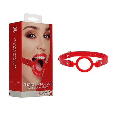 Ouch! Adjustable Silicone Ring Gag With Leather Straps Red