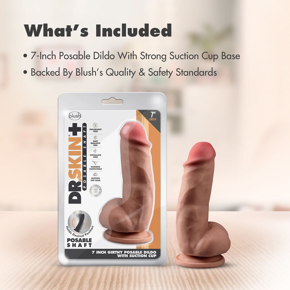 Dr. Skin Plus Girthy 7 in. Triple Density Posable Dildo with Balls Tan