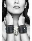 Ouch! Black & White Adjustable Plush Bonded Leather Hand Cuffs Black