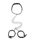 Ouch! Black & White Adjustable Bonded Leather Collar With Hand Cuffs & Chain Black