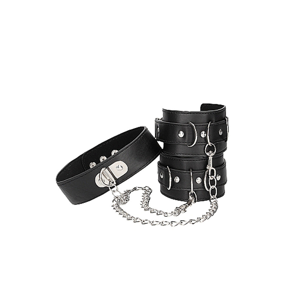 Ouch! Black &amp; White Adjustable Bonded Leather Collar With Hand Cuffs &amp; Chain Black