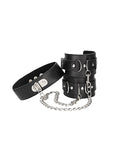 Ouch! Black & White Adjustable Bonded Leather Collar With Hand Cuffs & Chain Black