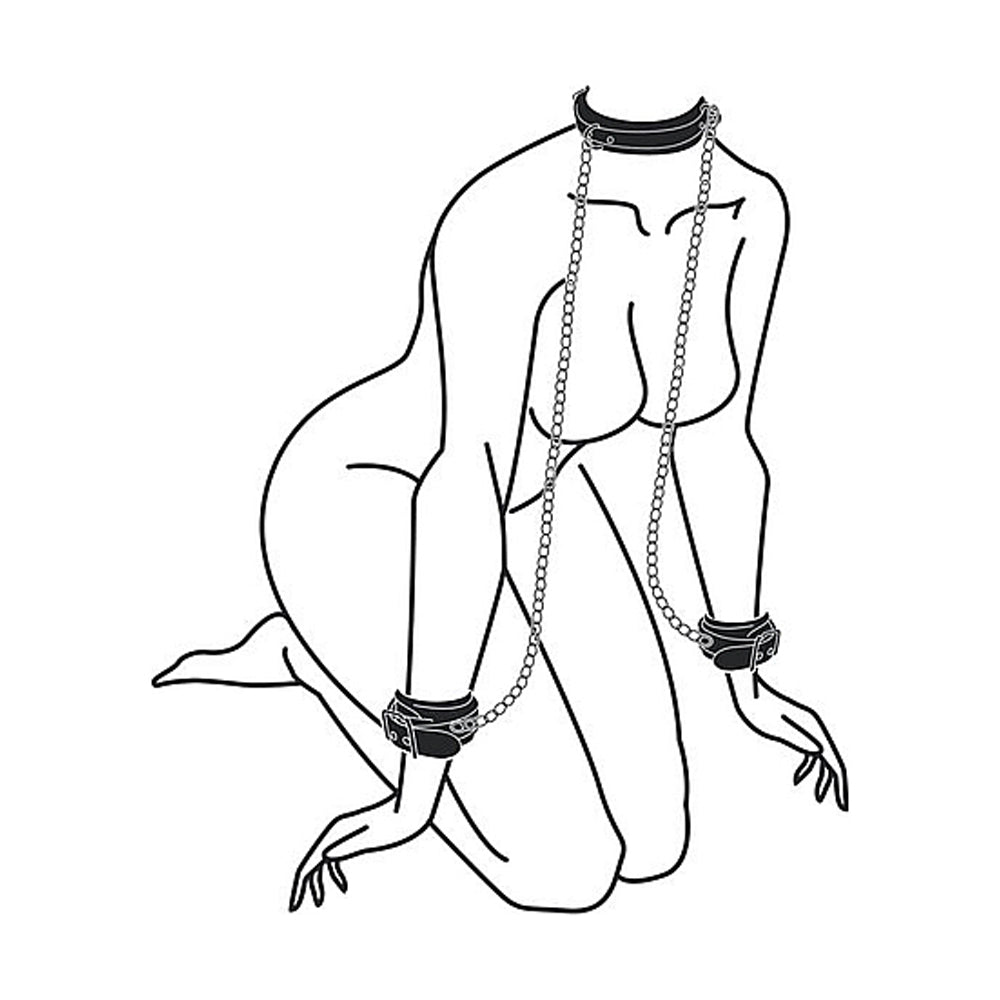 Ouch! Black &amp; White Adjustable Bonded Leather Collar With Hand Cuffs &amp; Chain Black