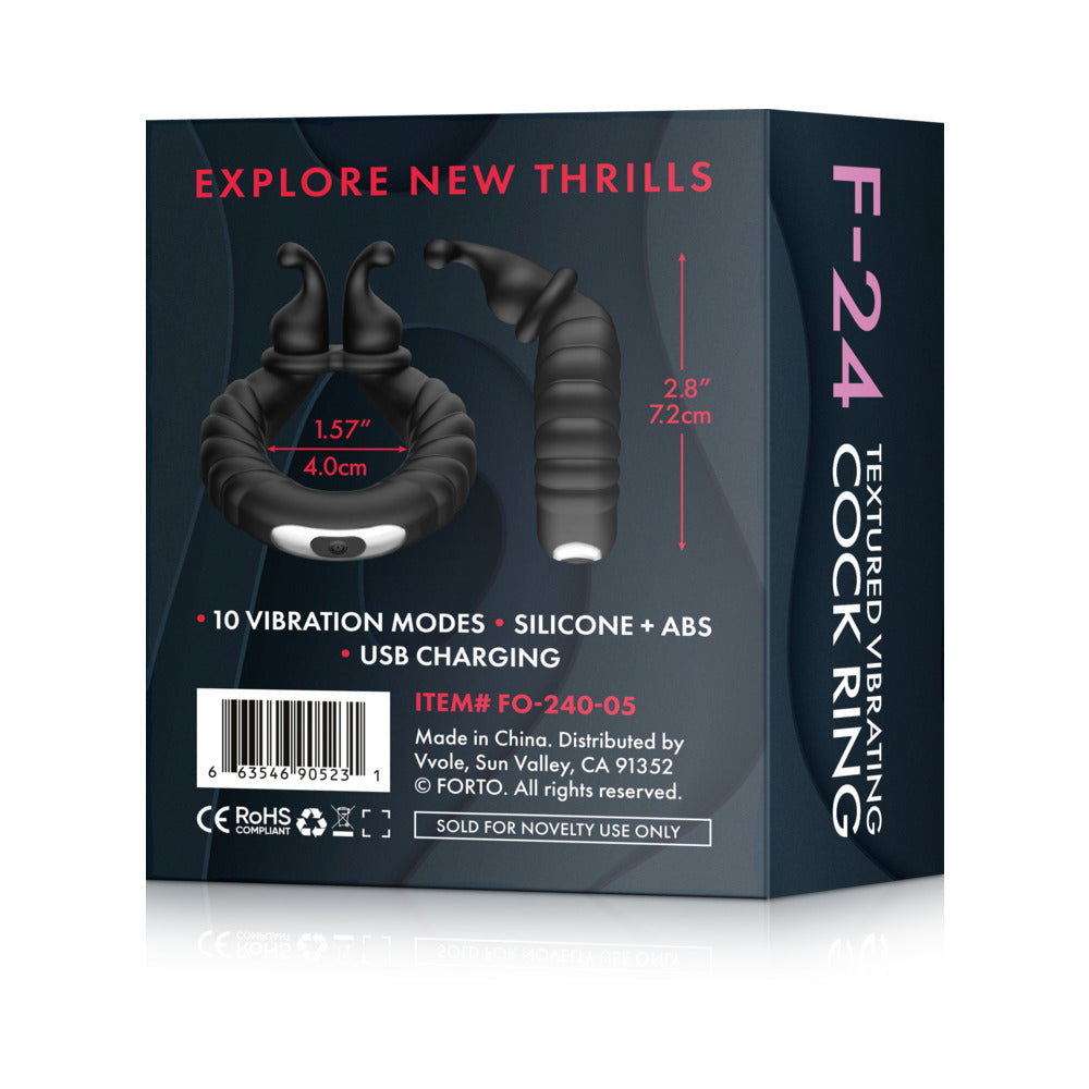 Forto F-24 Rechargeable Silicone Textured Vibrating Cockring Black