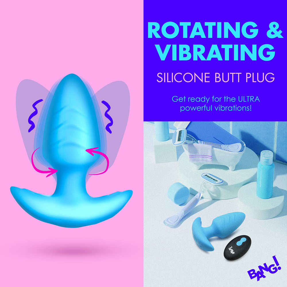 BANG! Rotating &amp; Vibrating Silicone Butt Plug with Remote Blue