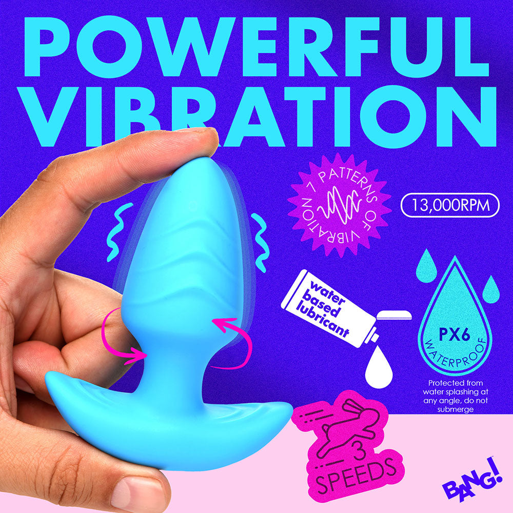 BANG! Rotating &amp; Vibrating Silicone Butt Plug with Remote Blue