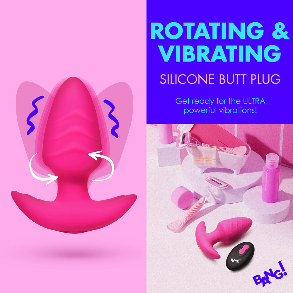 BANG! Rotating &amp; Vibrating Silicone Butt Plug with Remote Pink