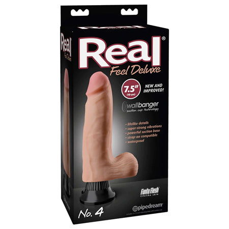 Pipedream Real Feel Deluxe No. 4 Realistic 7.5 in. Vibrating Dildo With Balls and Suction Cup Beige