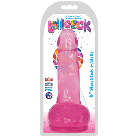 Curve Toys Lollicock Slim Stick 6 in. Dildo with Balls &amp; Suction Cup Cherry Ice
