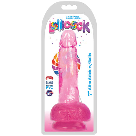 Curve Toys Lollicock Slim Stick 7 in. Dildo with Balls &amp; Suction Cup Cherry Ice