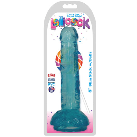 Curve Toys Lollicock Slim Stick 8 in. Dildo with Balls &amp; Suction Cup Berry Ice