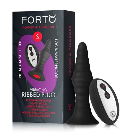 Forto Vibrating Ribbed Plug Rechargeable Remote-Controlled Silicone Anal Plug Small Black
