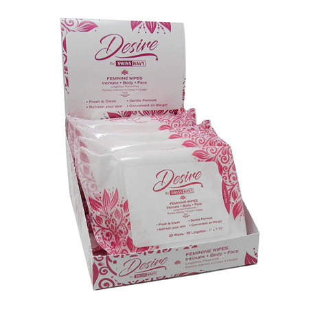 Swiss Navy Desire Unscented Feminine Wipes 25-Count Pack 6-Piece Display