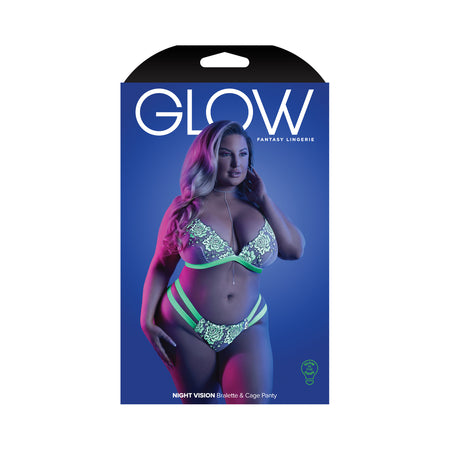 Fantasy Lingerie Glow Night Vision Glow-In-The-Dark Lace Bralette &amp; Panty White Queen Size